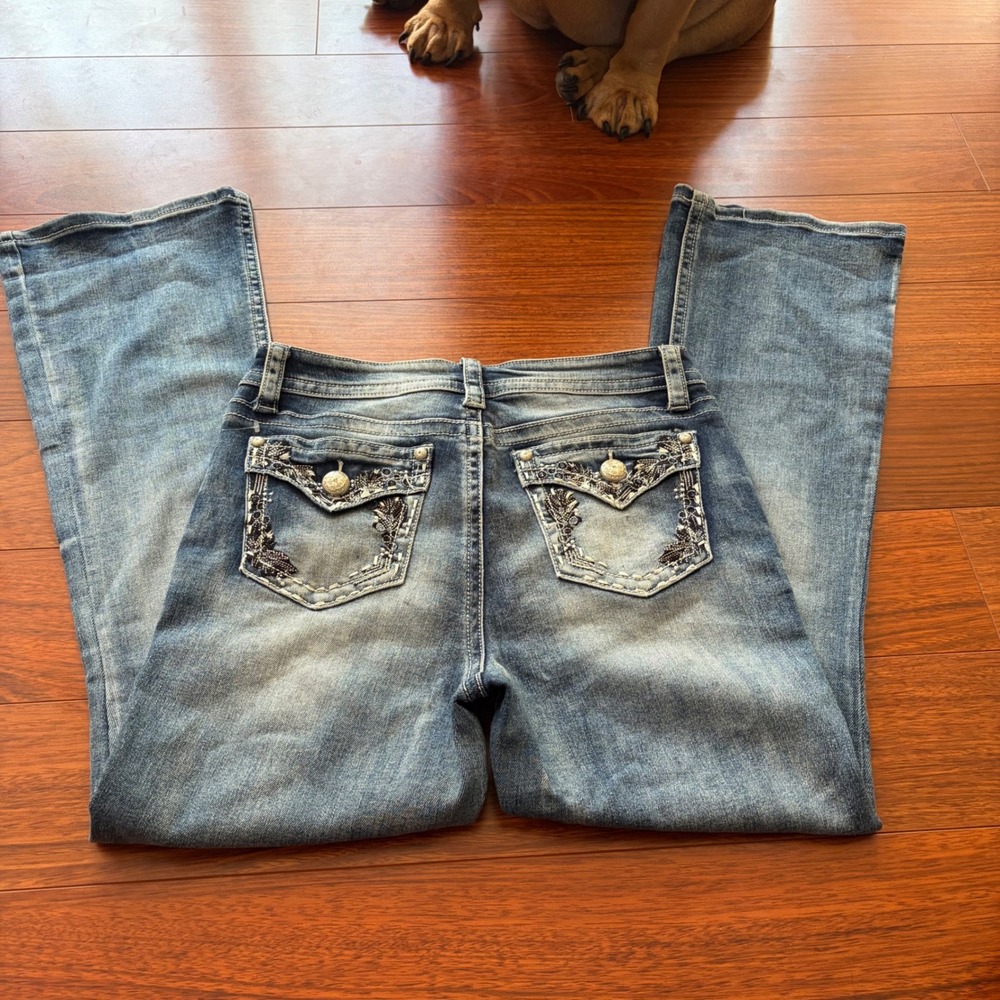 Y2K Low Rise Flared Bootcut Jeans Blue Embroidered Flap Pocket Y2K Streetwear 29